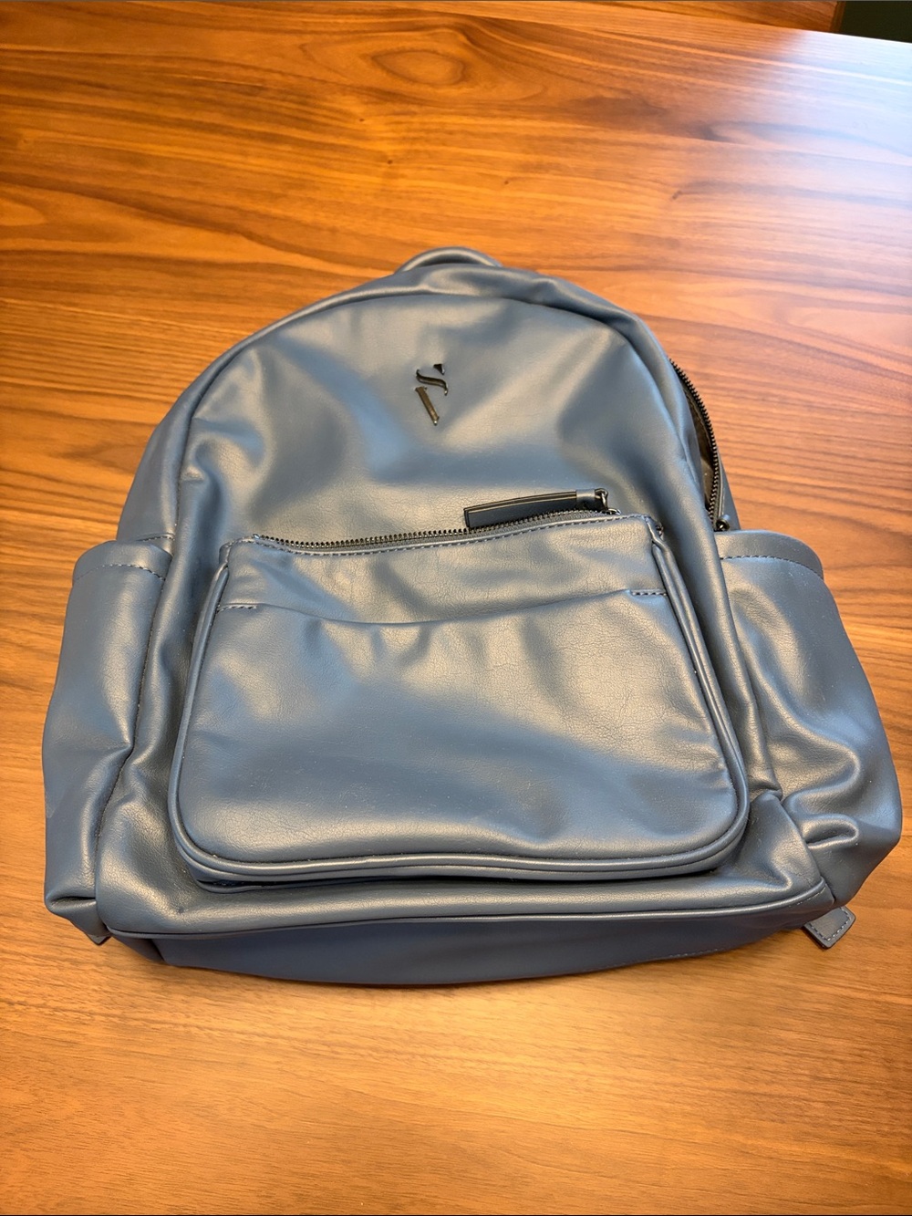 Women's Blue Faux Leather Backpack with Front Pocket